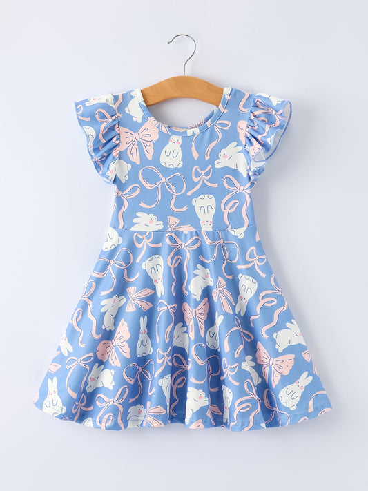 Easter Bunny Bow Pastel Girls Ruffle Hem Dress