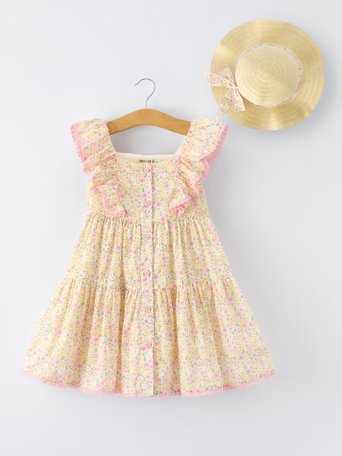 Spring Floral Ruffle Dress With Straw Hat