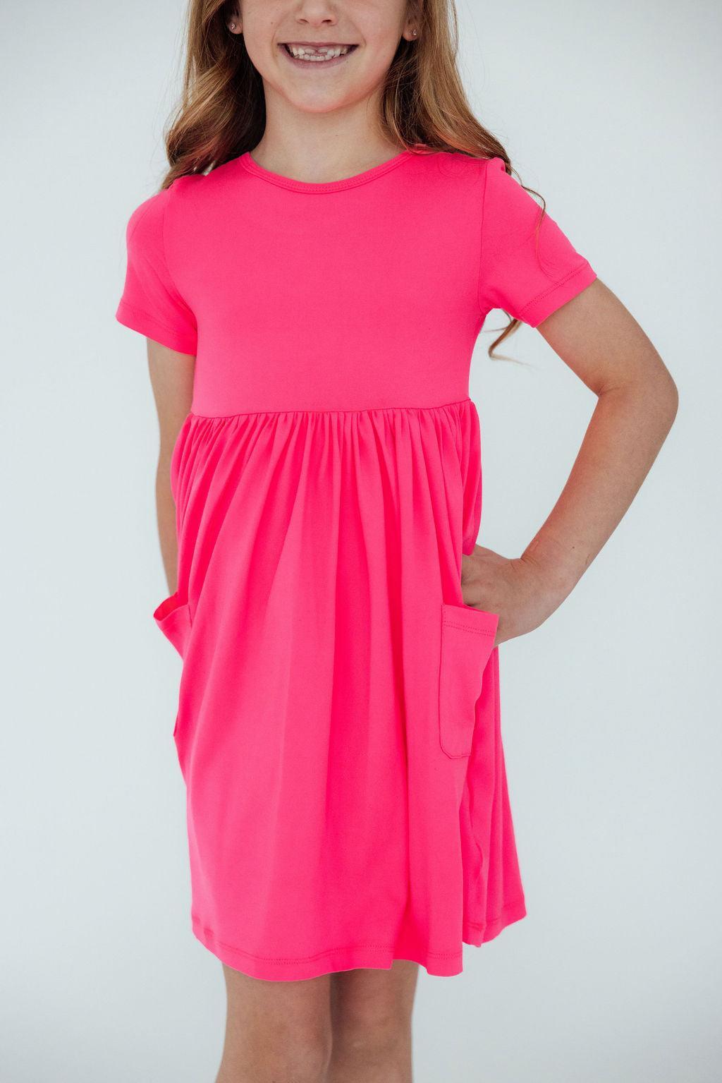 Neon Pink Short Sleeve Pocket Twirl Dress