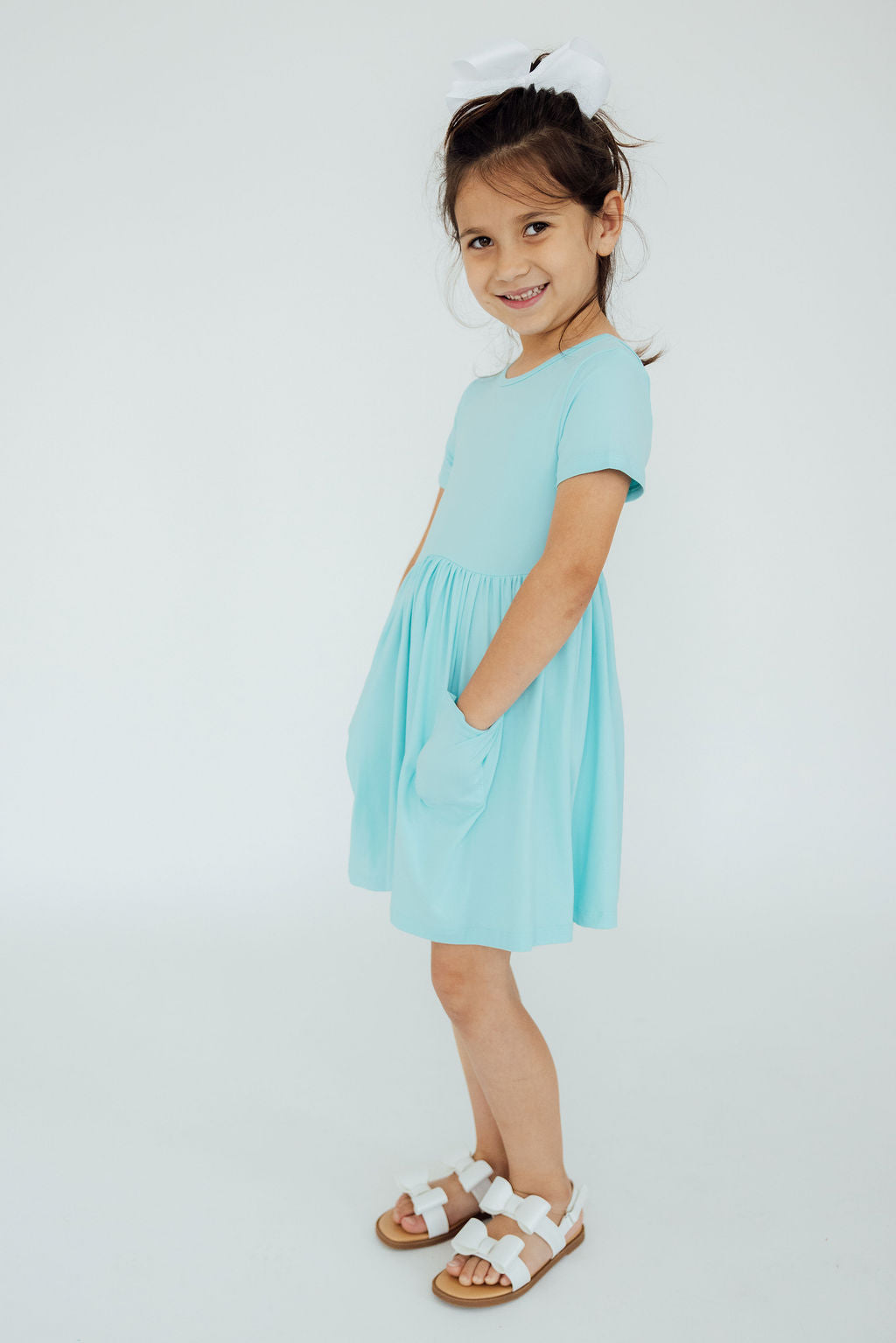 Aqua Short Sleeve Pocket Twirl Dress