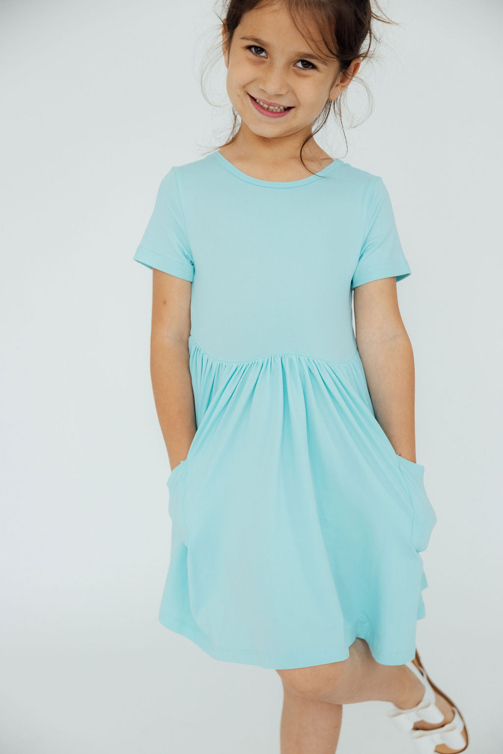 Aqua Short Sleeve Pocket Twirl Dress