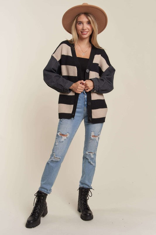 Winnie Denim Sleeve Striped Cardigan