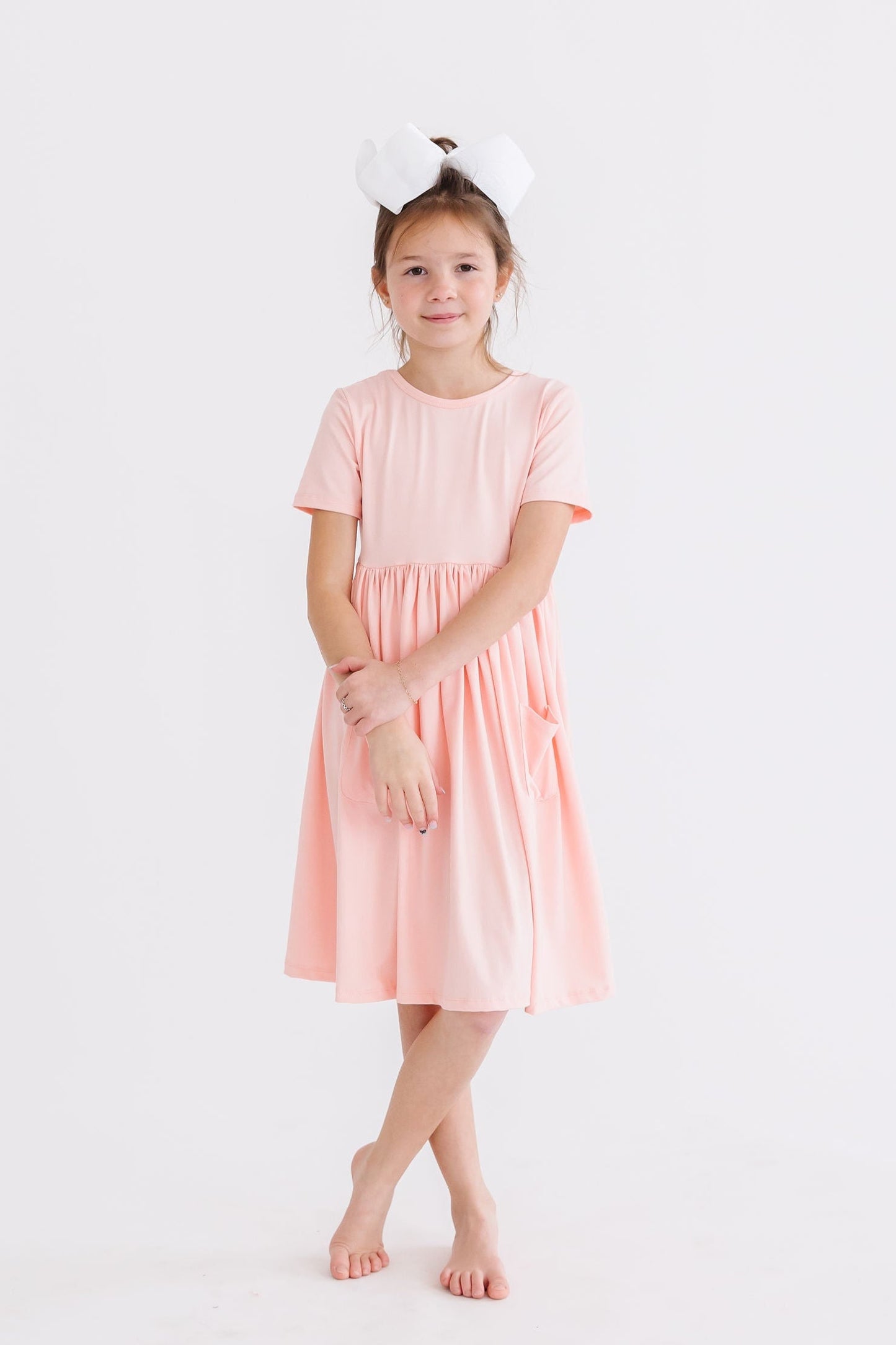 Peach Short Sleeve Pocket Twirl Dress