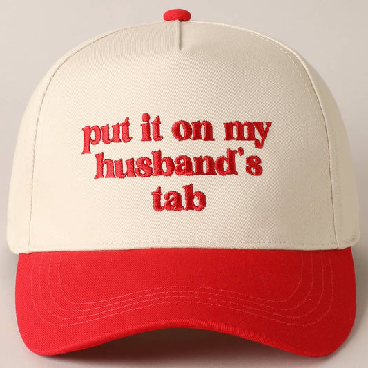 Put It On My Husband's Tab Embroidered Baseball Cap- Red