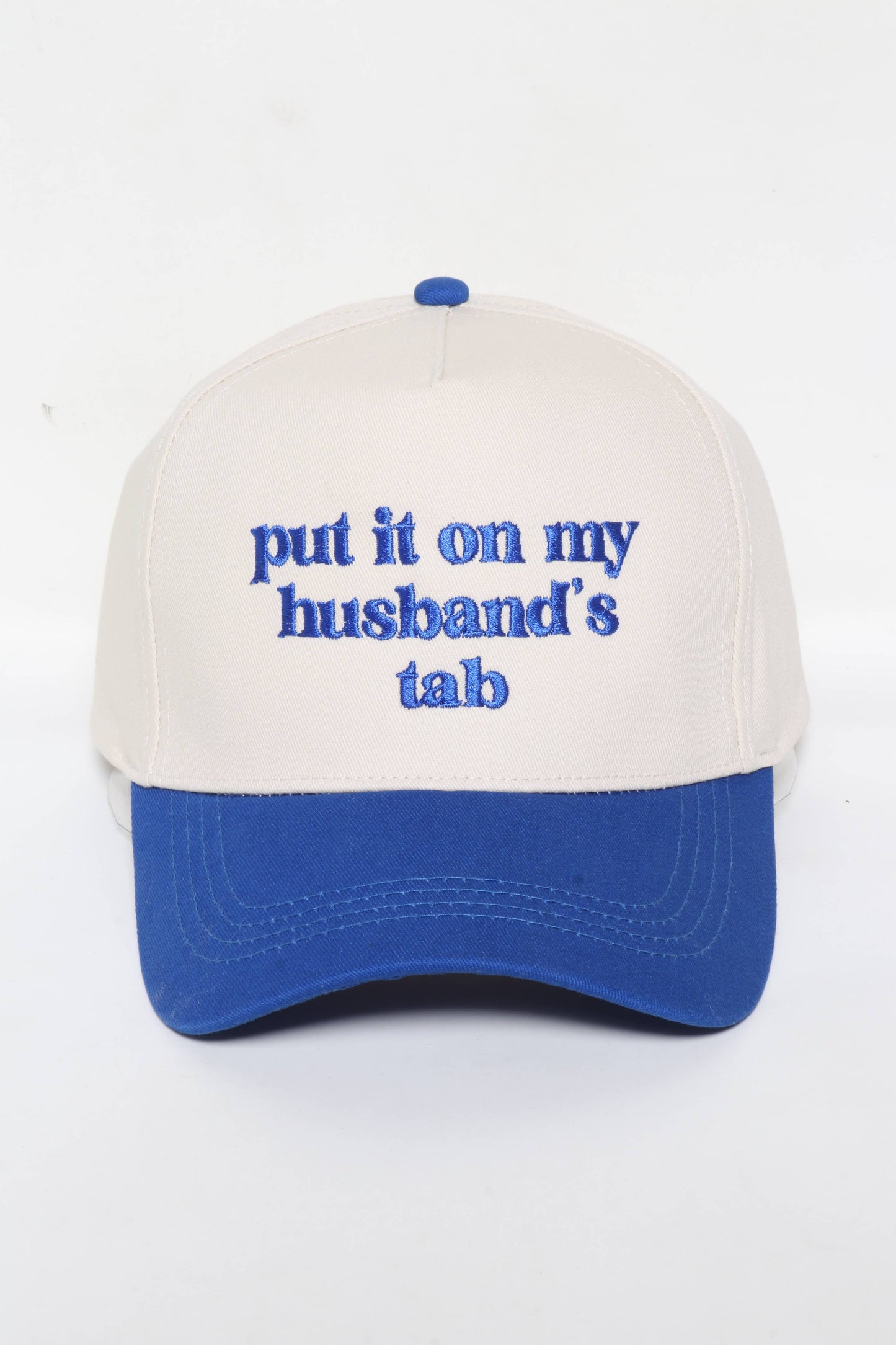 "Put It On My Husband's Tab" 5-Panel Embroidered Baseball Cap- Blue