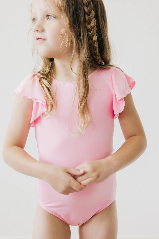 Bubblegum Pink Short Sleeve Flutter Sleeve Leotard