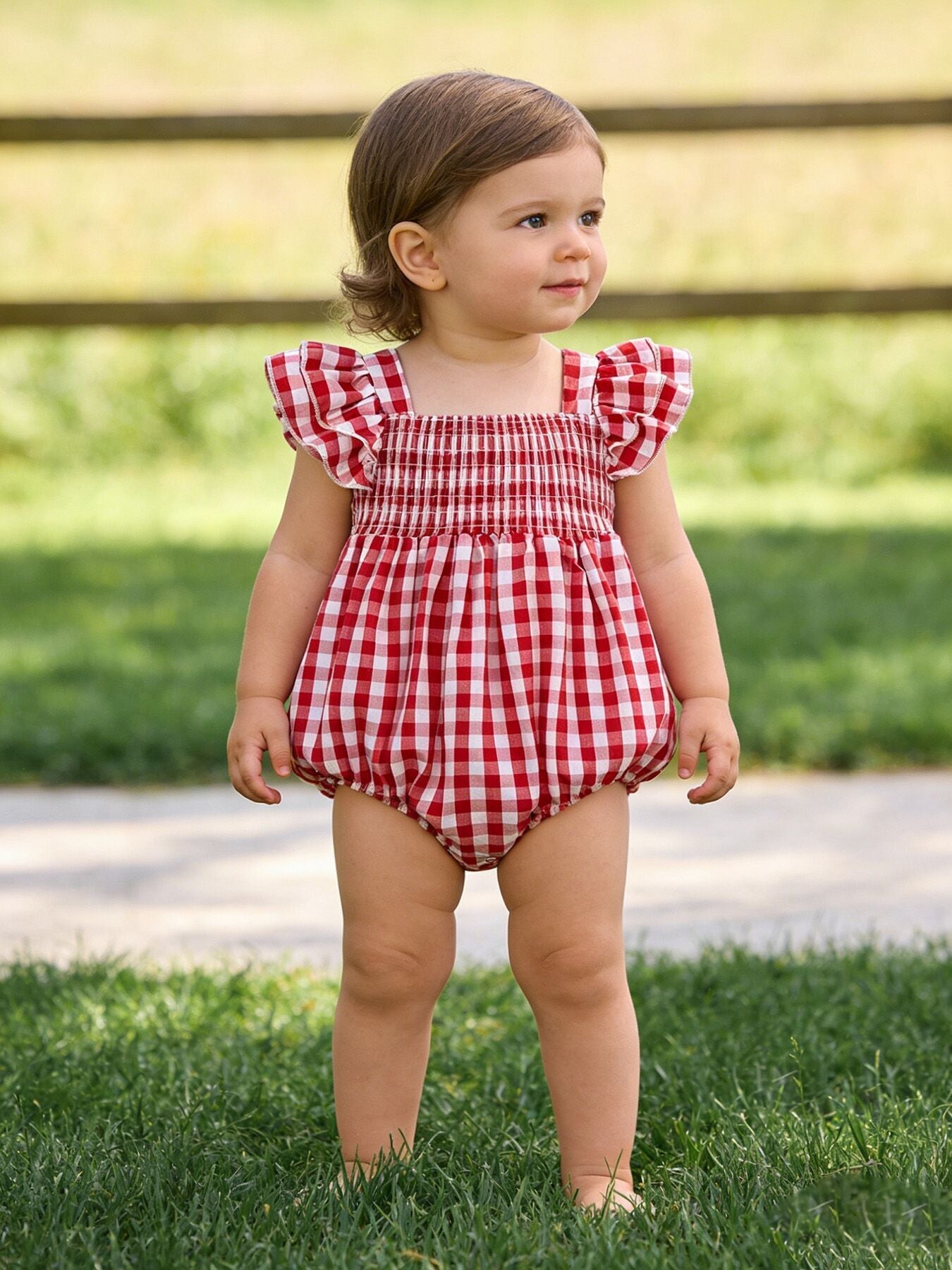 Summer Plaid Smocked Ruffled Romper