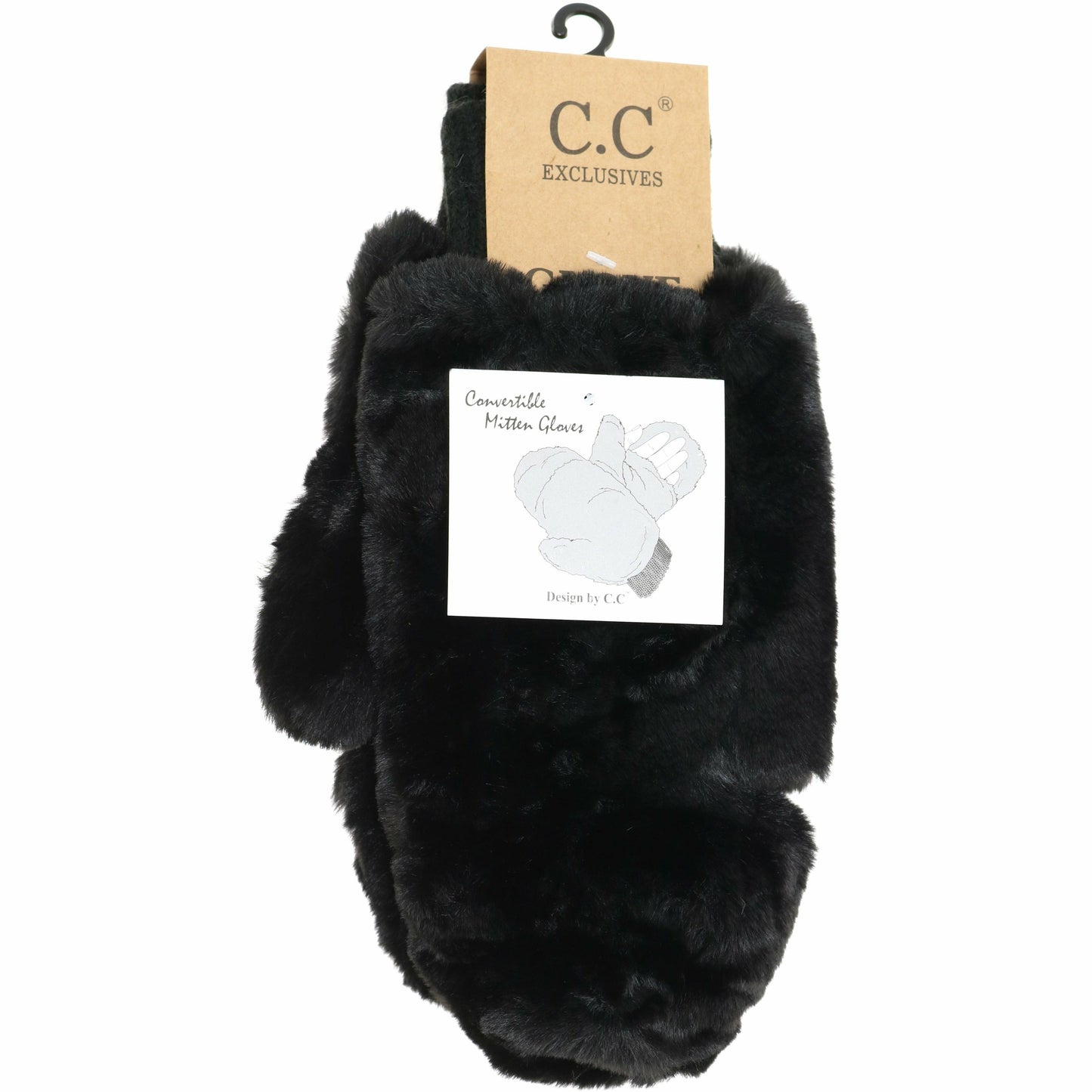 C.C Fuzzy Lined Fur Convertible Mittens- Black