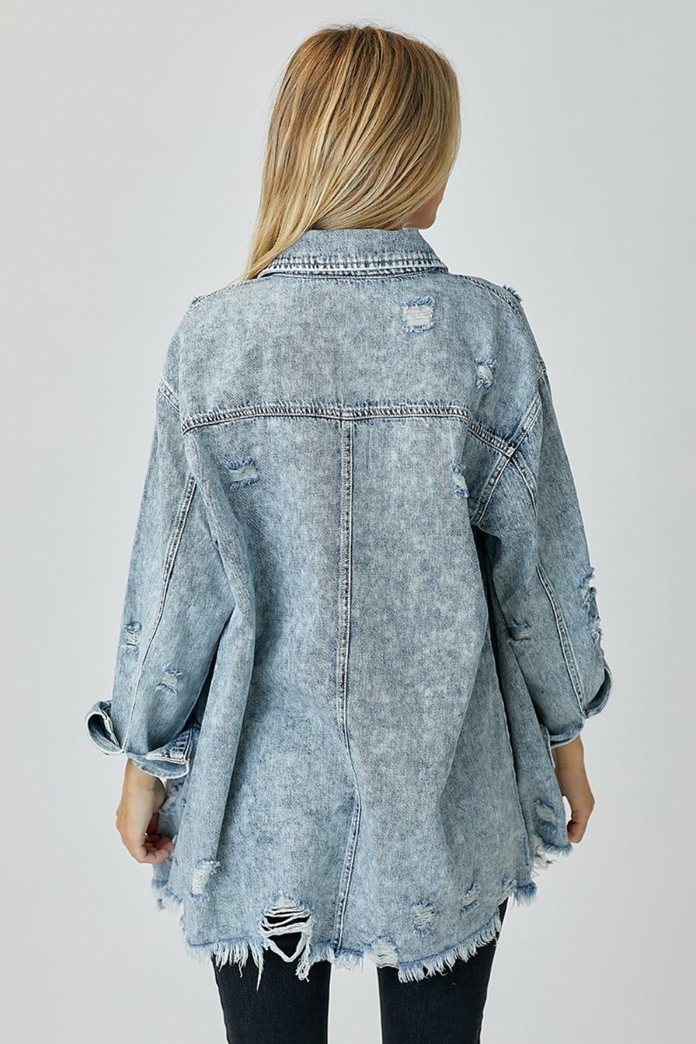 RISEN Evelyn Distressed Raw Hem Denim Shirt