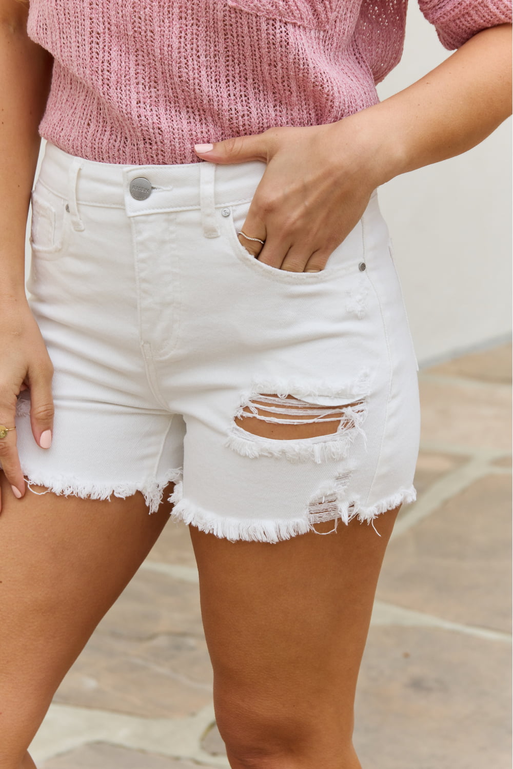 RISEN Lily High Waisted Distressed Shorts (Size Small)