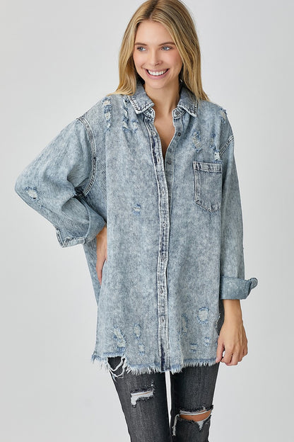 RISEN Evelyn Distressed Raw Hem Denim Shirt