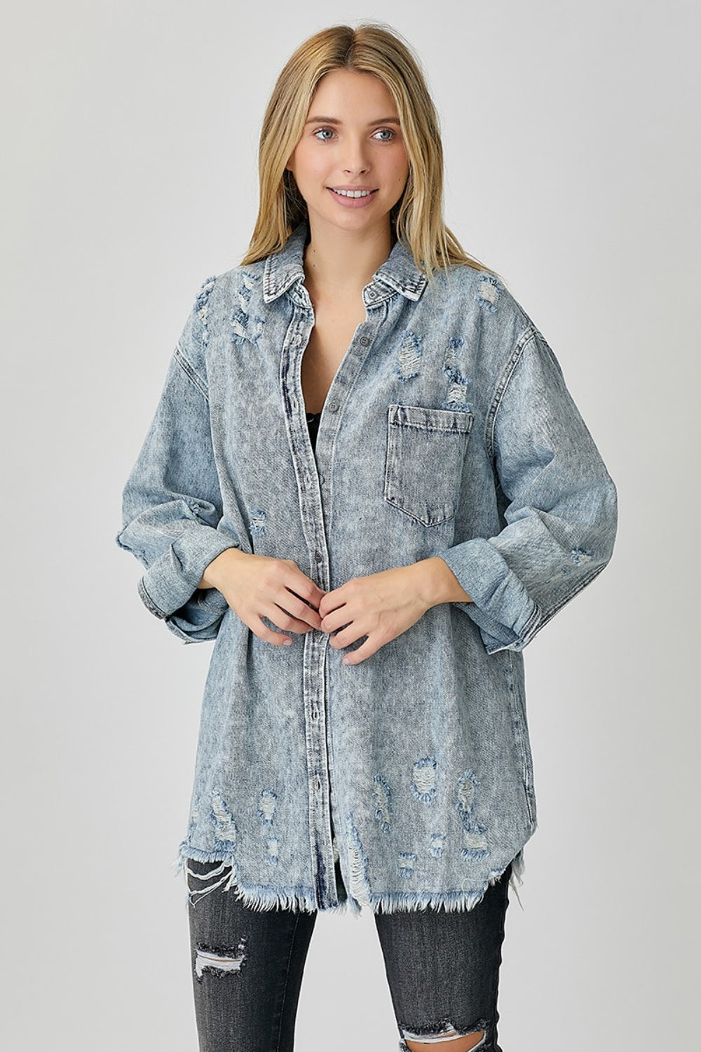 RISEN Evelyn Distressed Raw Hem Denim Shirt