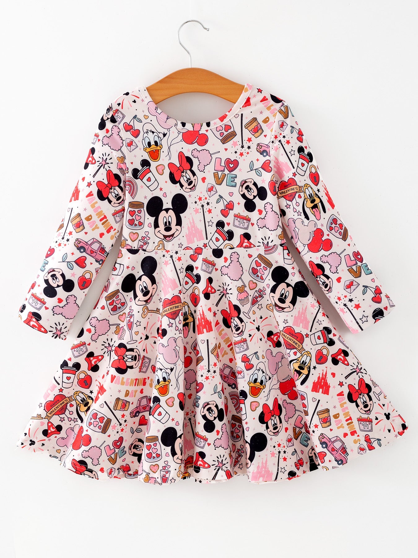 Valentine's Day Girls Balloon Fireworks Character Print Long Sleeve Dress