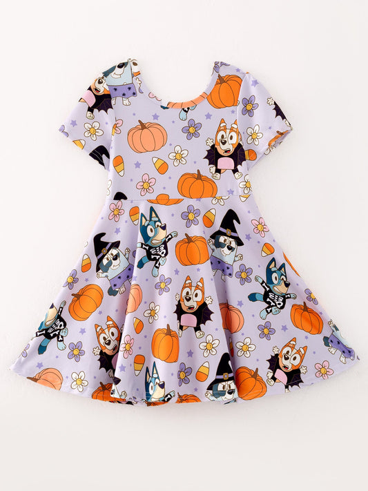 Fall Halloween Cartoon Girls Pumpkin Print Milk Silk Dress
