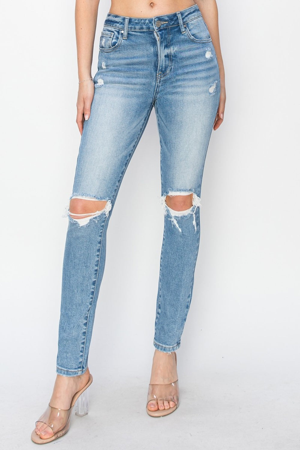 Risen Clara High Rise Knee Distressed Skinny Jeans