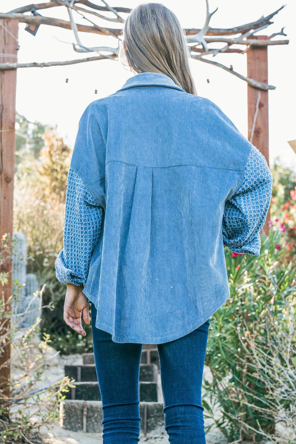 Summertime Blues Button Down Corduroy Contrast Texture Long Sleeve Shacket