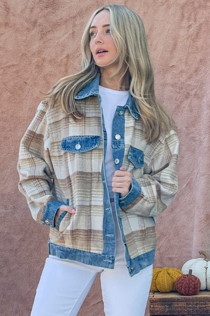 Hayride Washed Denim Detail Brushed Plaid Jacket