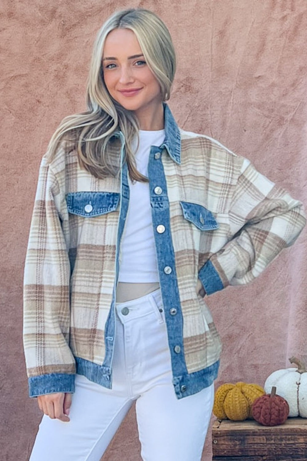 Hayride Washed Denim Detail Brushed Plaid Jacket