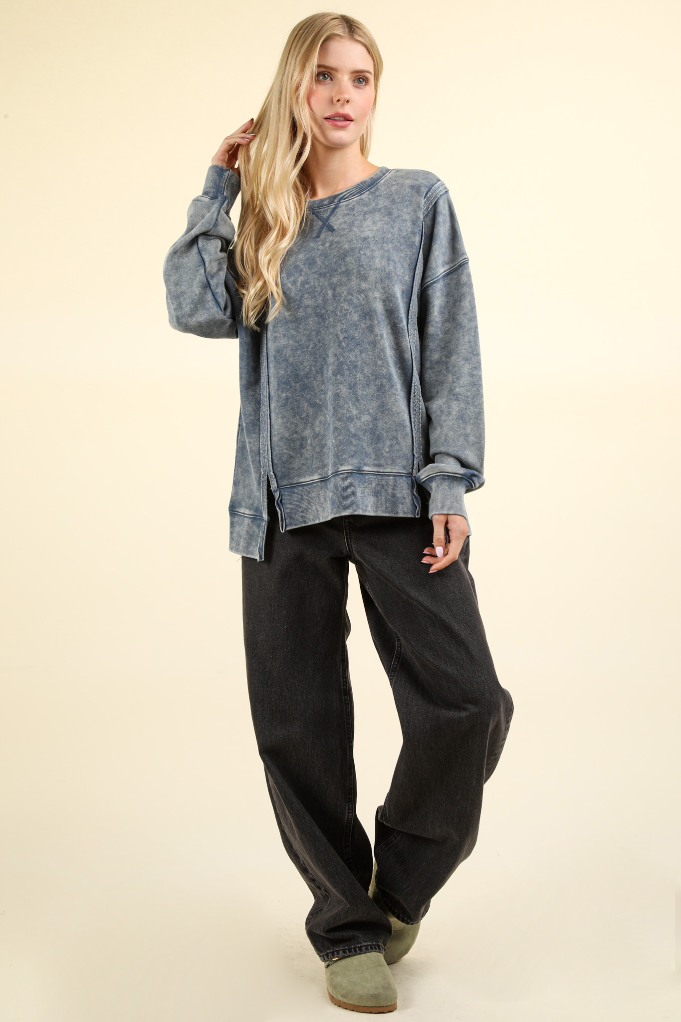 Laina Mineral Washed French Terry Sweatshirt- Denim (Size Small)