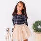 Black Plaid | CROPPED Bow Back Long Sleeve Top