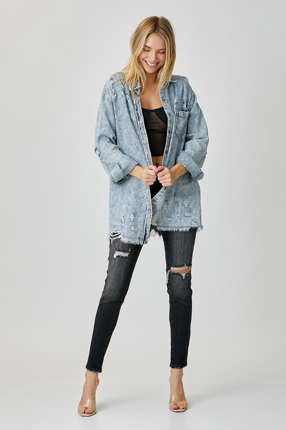 RISEN Evelyn Distressed Raw Hem Denim Shirt