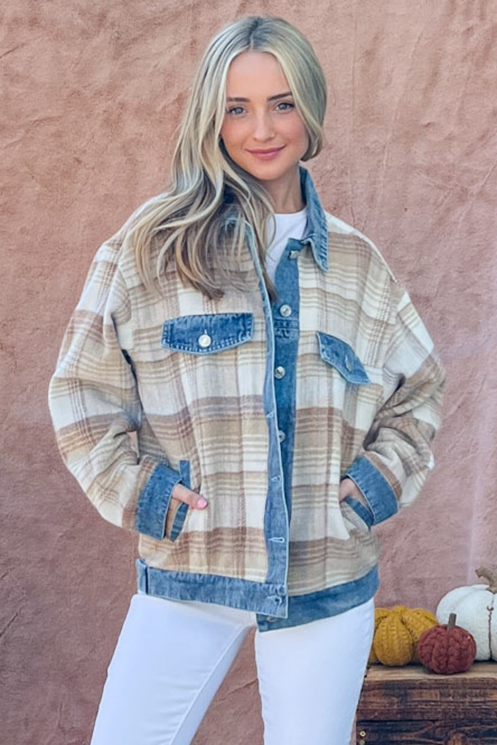 Hayride Washed Denim Detail Brushed Plaid Jacket