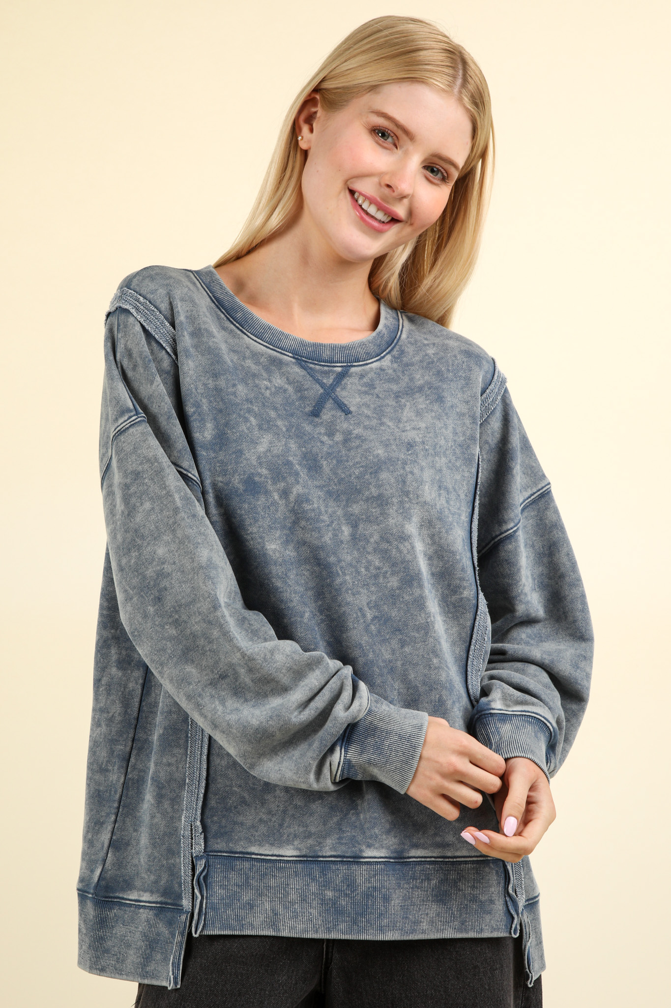 Laina Mineral Washed French Terry Sweatshirt- Denim (Size Small)