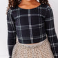 Black Plaid | CROPPED Bow Back Long Sleeve Top