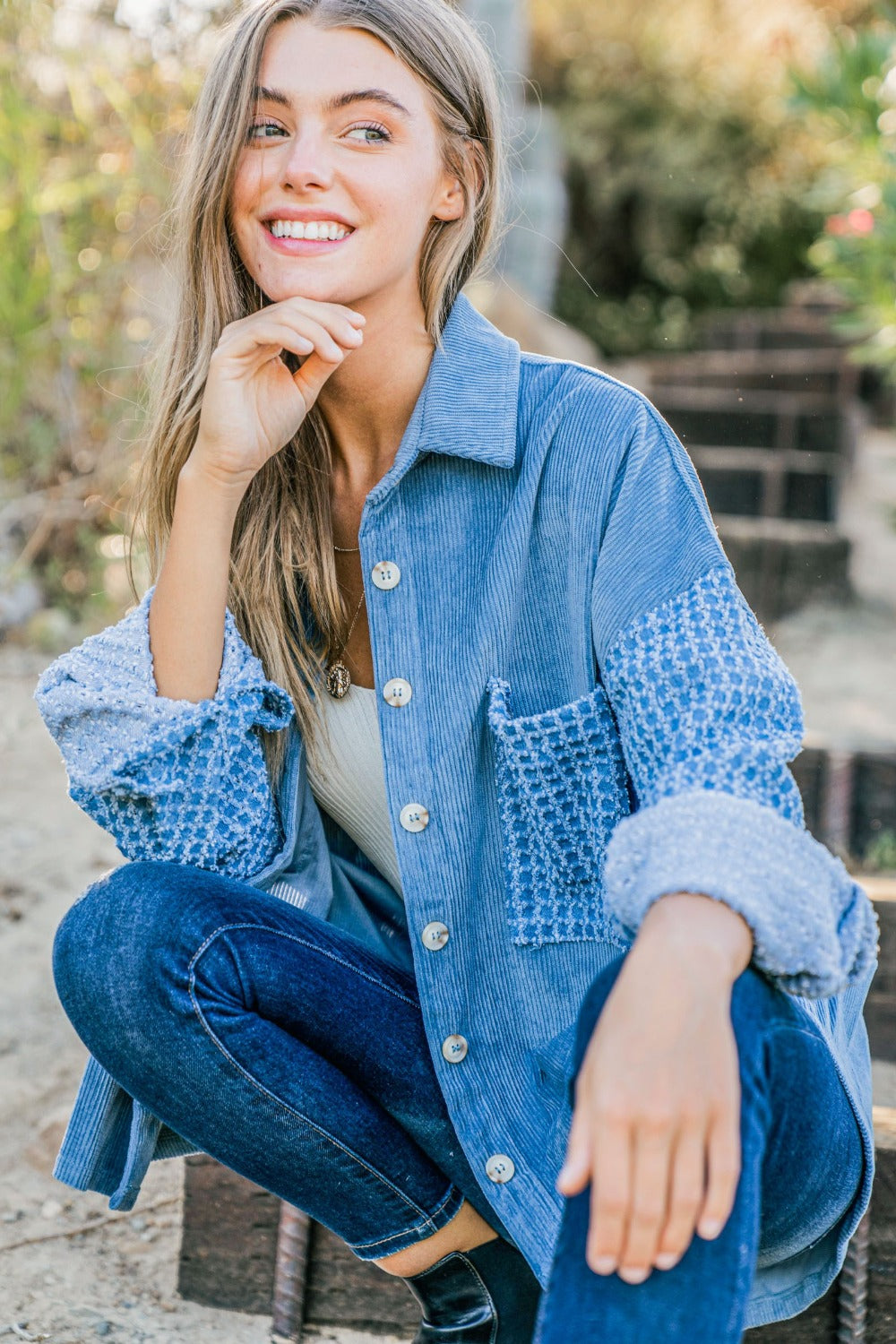 Summertime Blues Button Down Corduroy Contrast Texture Long Sleeve Shacket