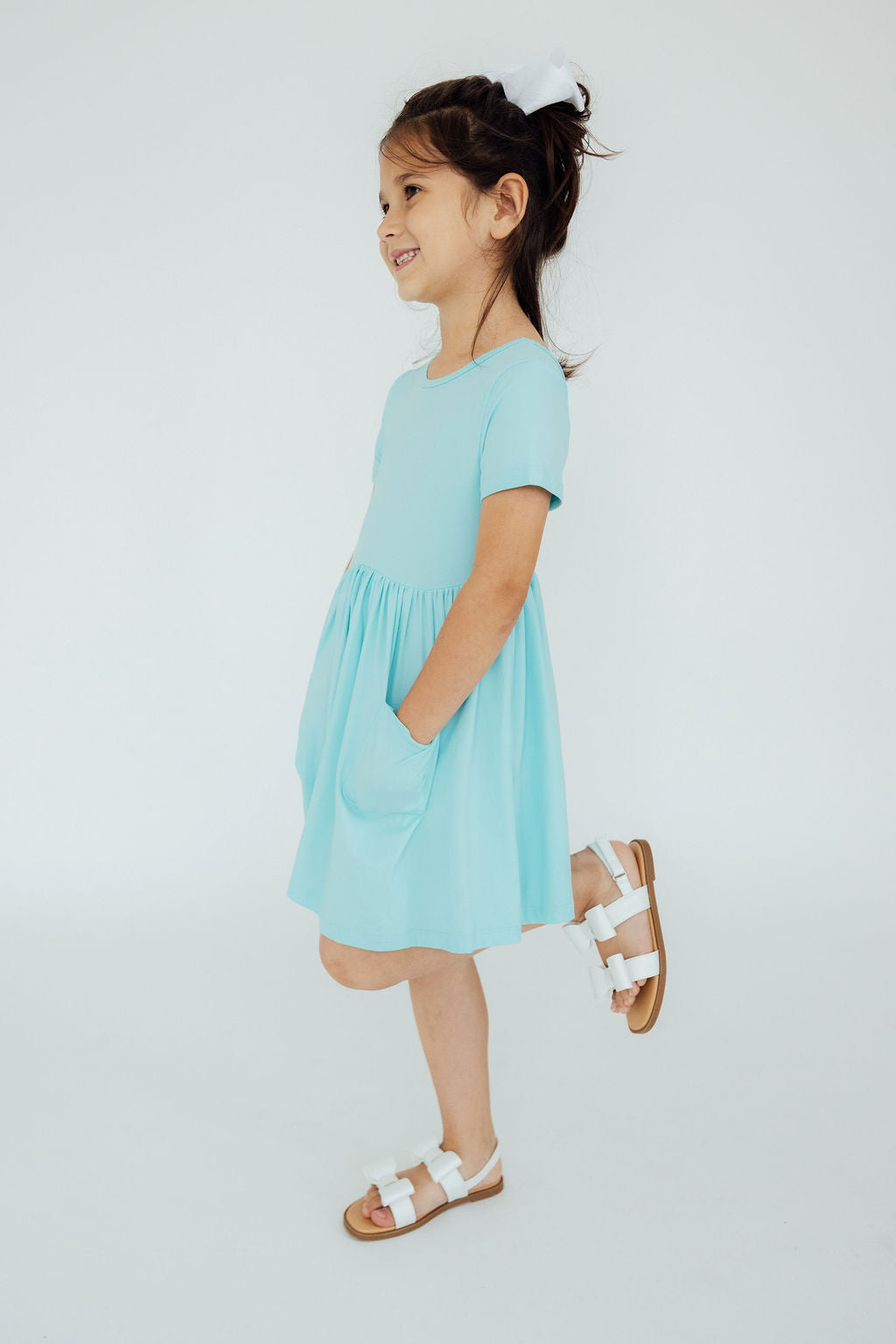 Aqua Short Sleeve Pocket Twirl Dress