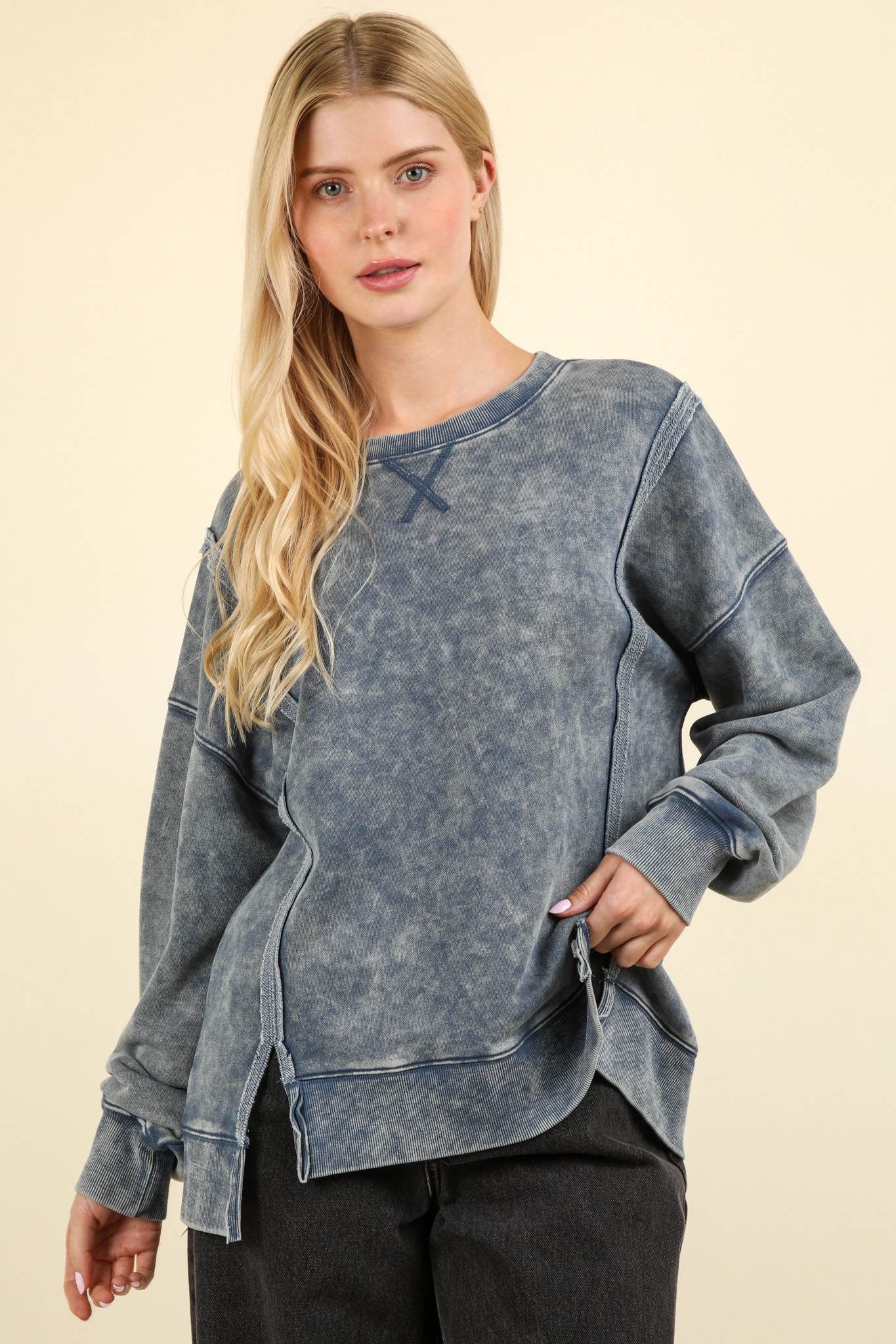 Laina Mineral Washed French Terry Sweatshirt- Denim (Size Small)