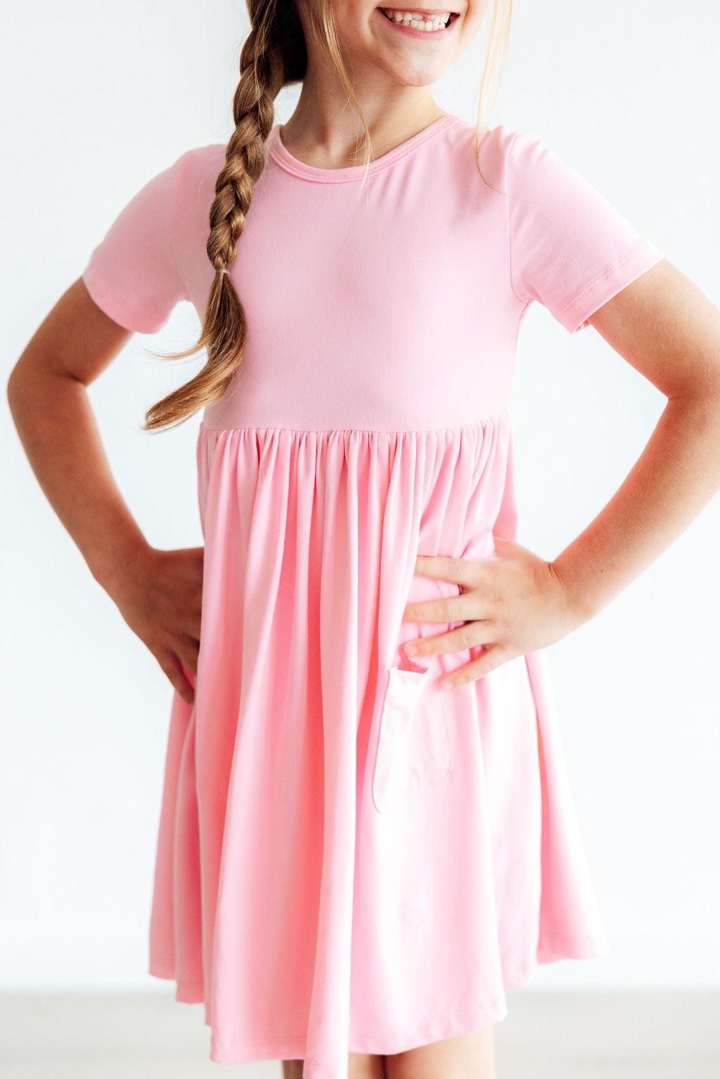 Bubblegum Pink Short Sleeve Pocket Twirl Dress