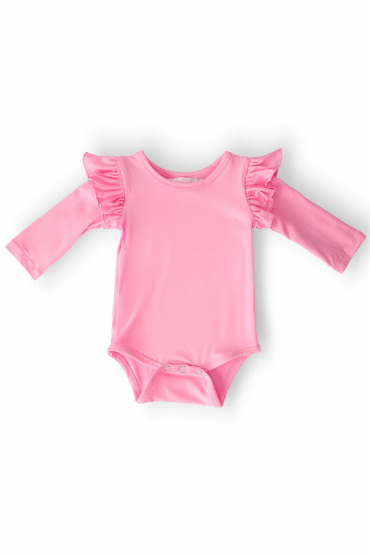 Bubblegum Pink Long Sleeve Flutter Bodysuit