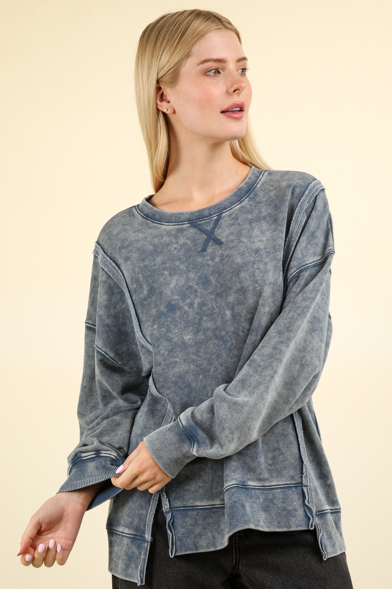 Laina Mineral Washed French Terry Sweatshirt- Denim (Size Small)