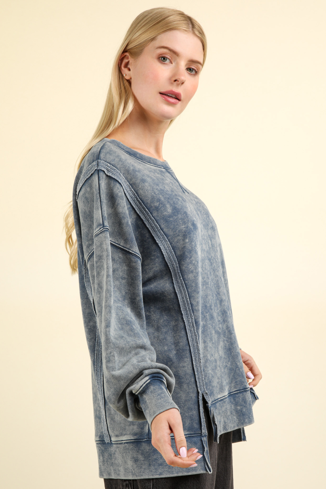 Laina Mineral Washed French Terry Sweatshirt- Denim (Size Small)