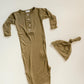 Olive Green Newborn Knotted Gown and Hat Set