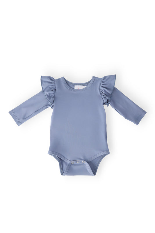 Dusty Blue Long Sleeve Flutter Bodysuit
