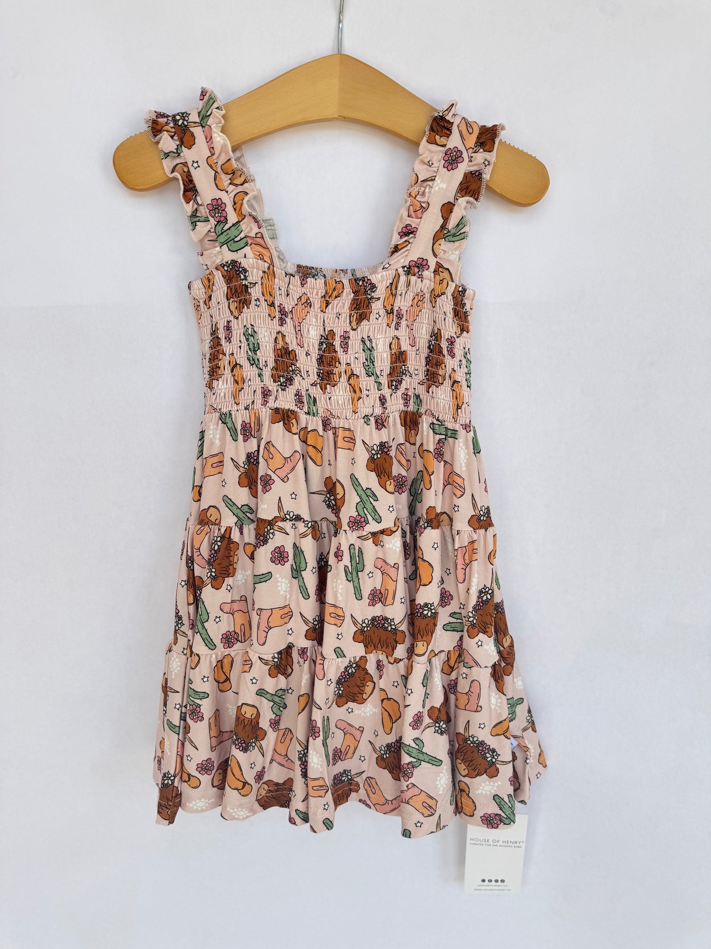 Pink Highland Cow Shirred Dress