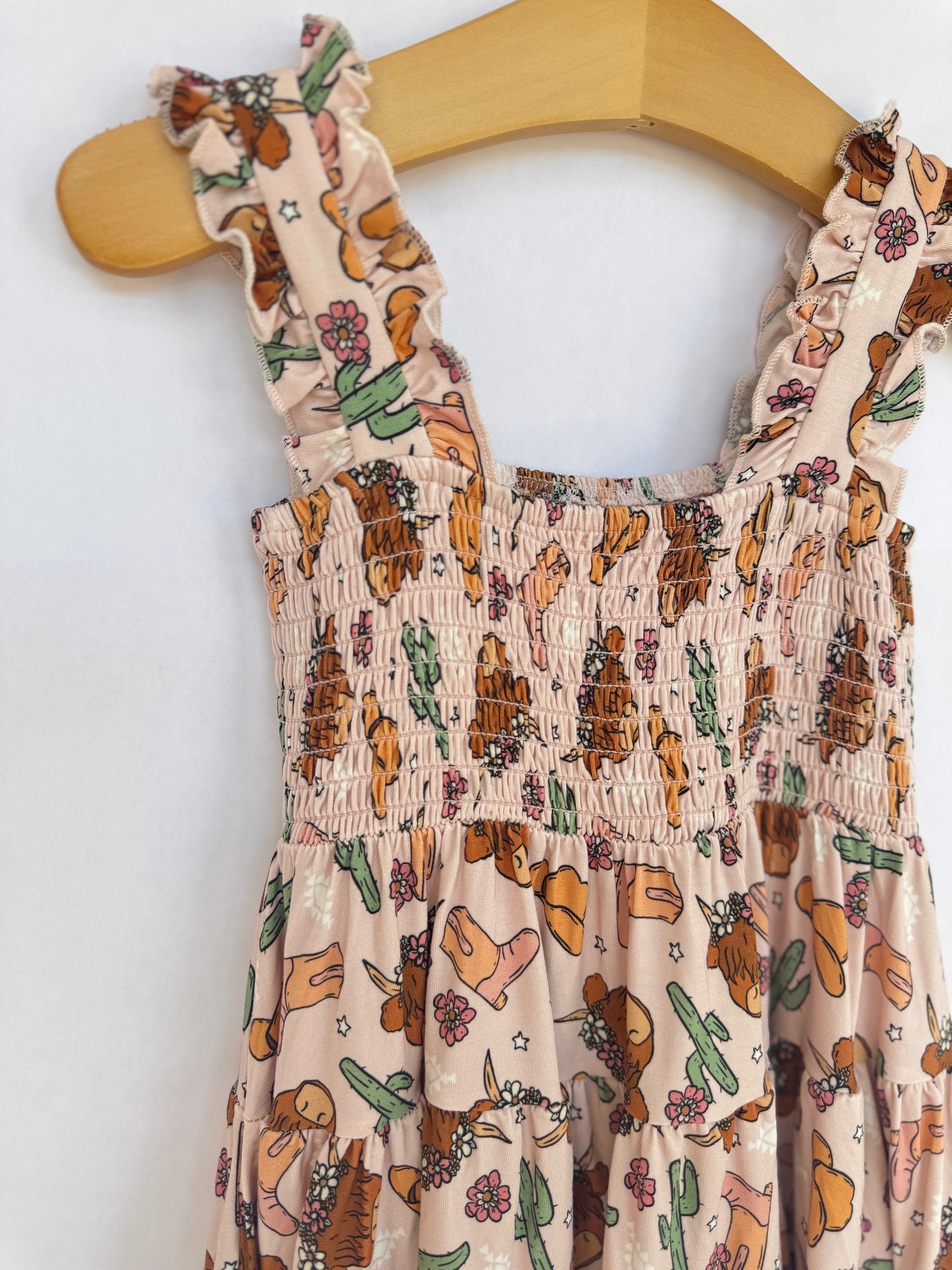 Pink Highland Cow Shirred Dress