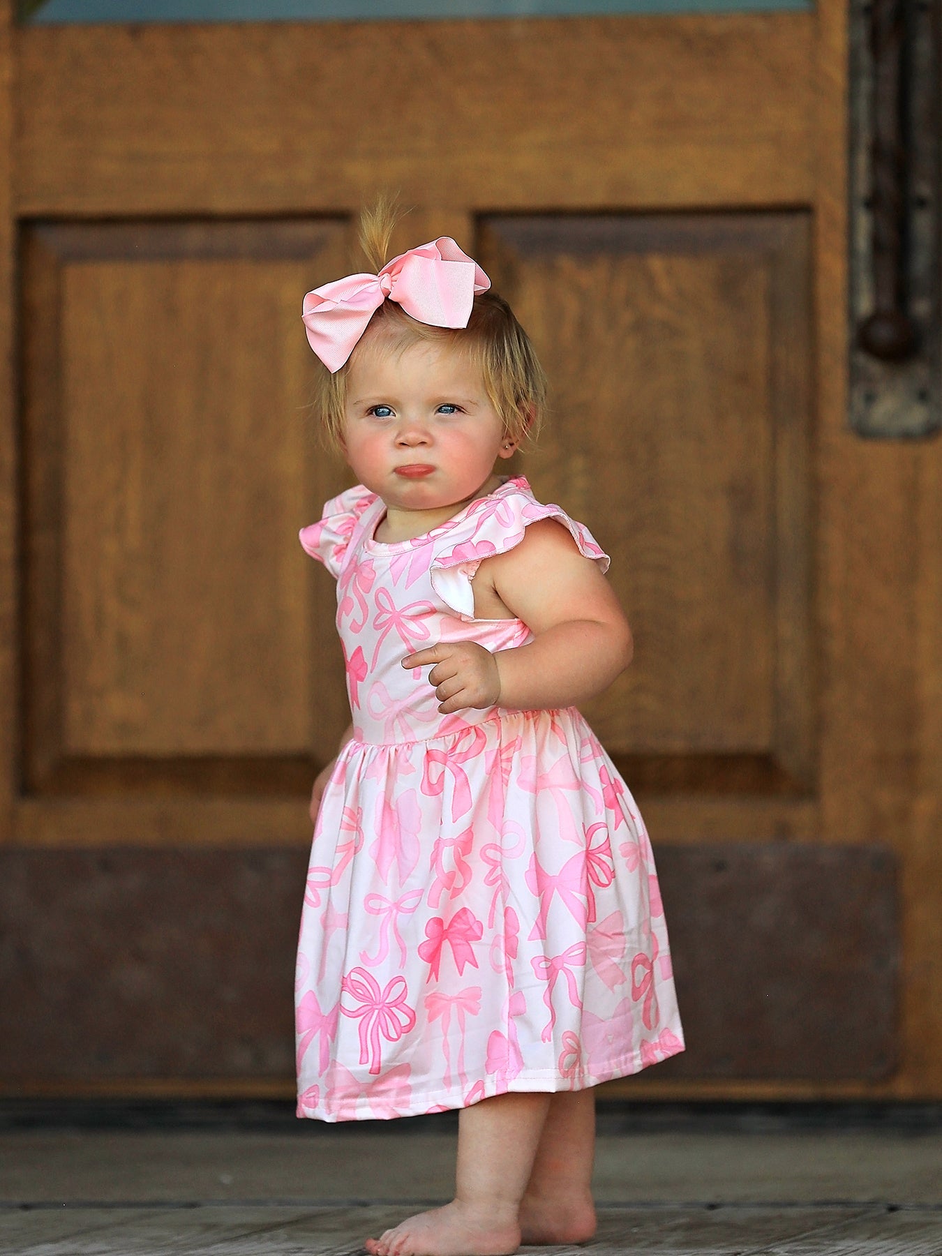 Bow Print Flutter Sleeve Girls Dress