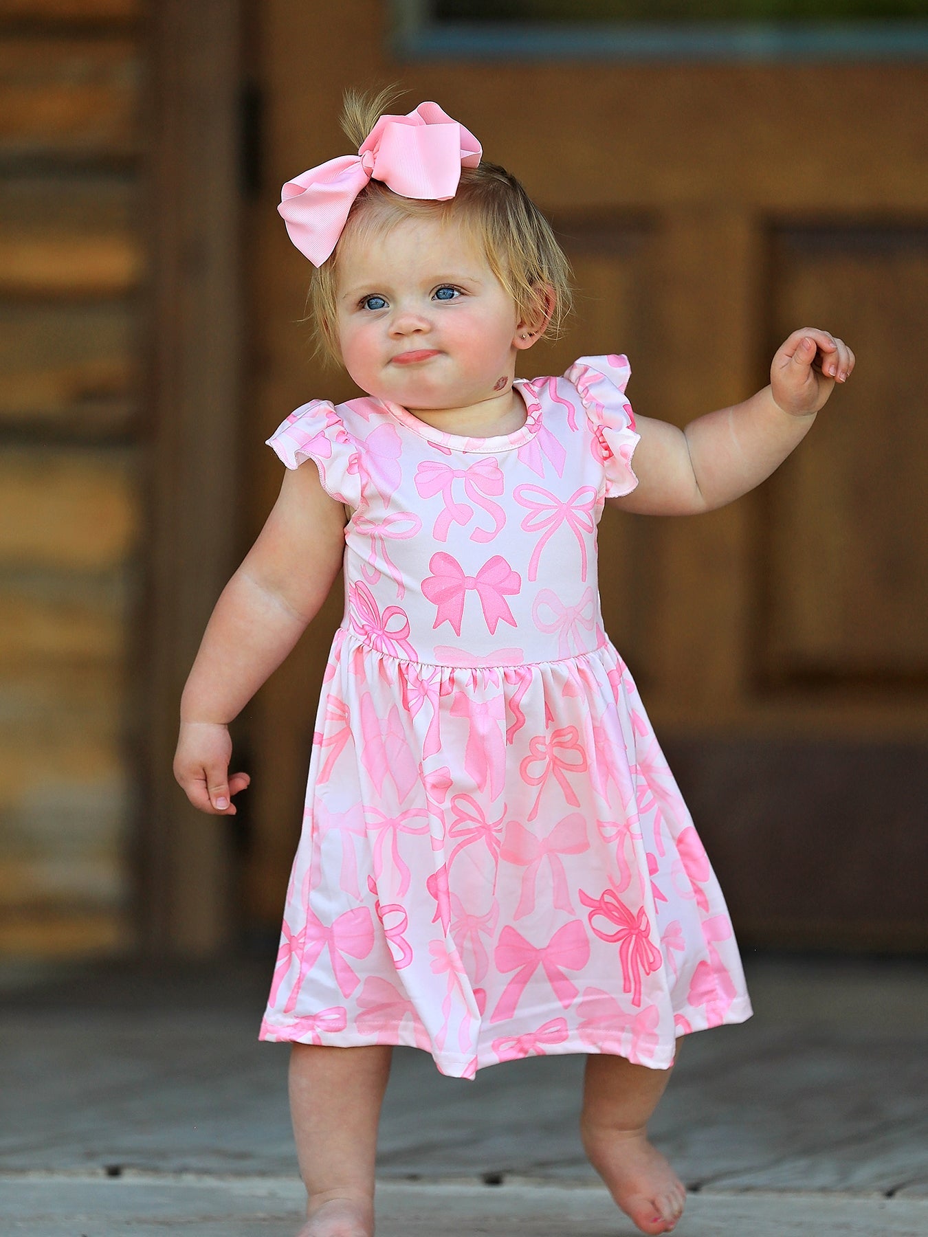 Bow Print Flutter Sleeve Girls Dress