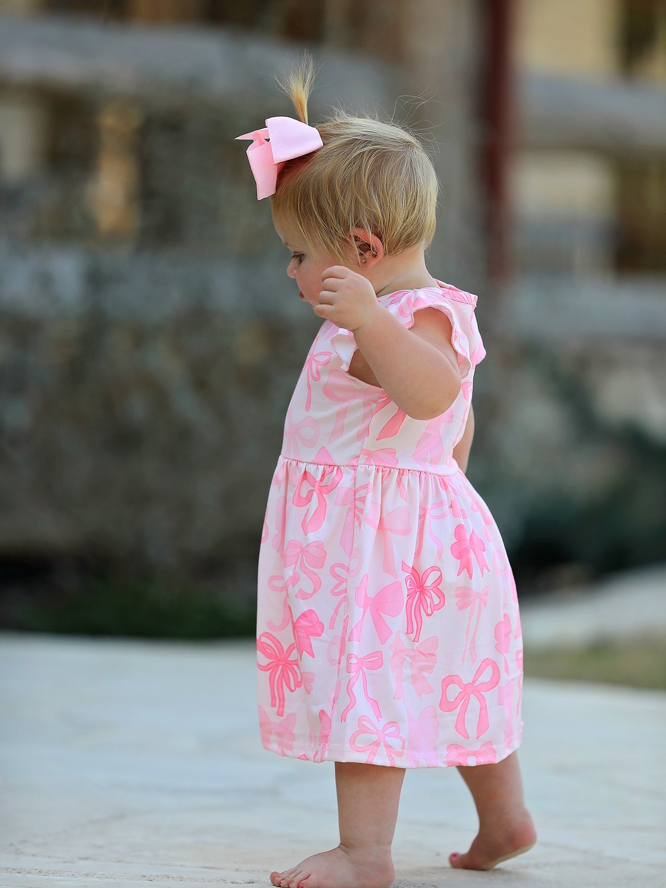 Bow Print Flutter Sleeve Girls Dress