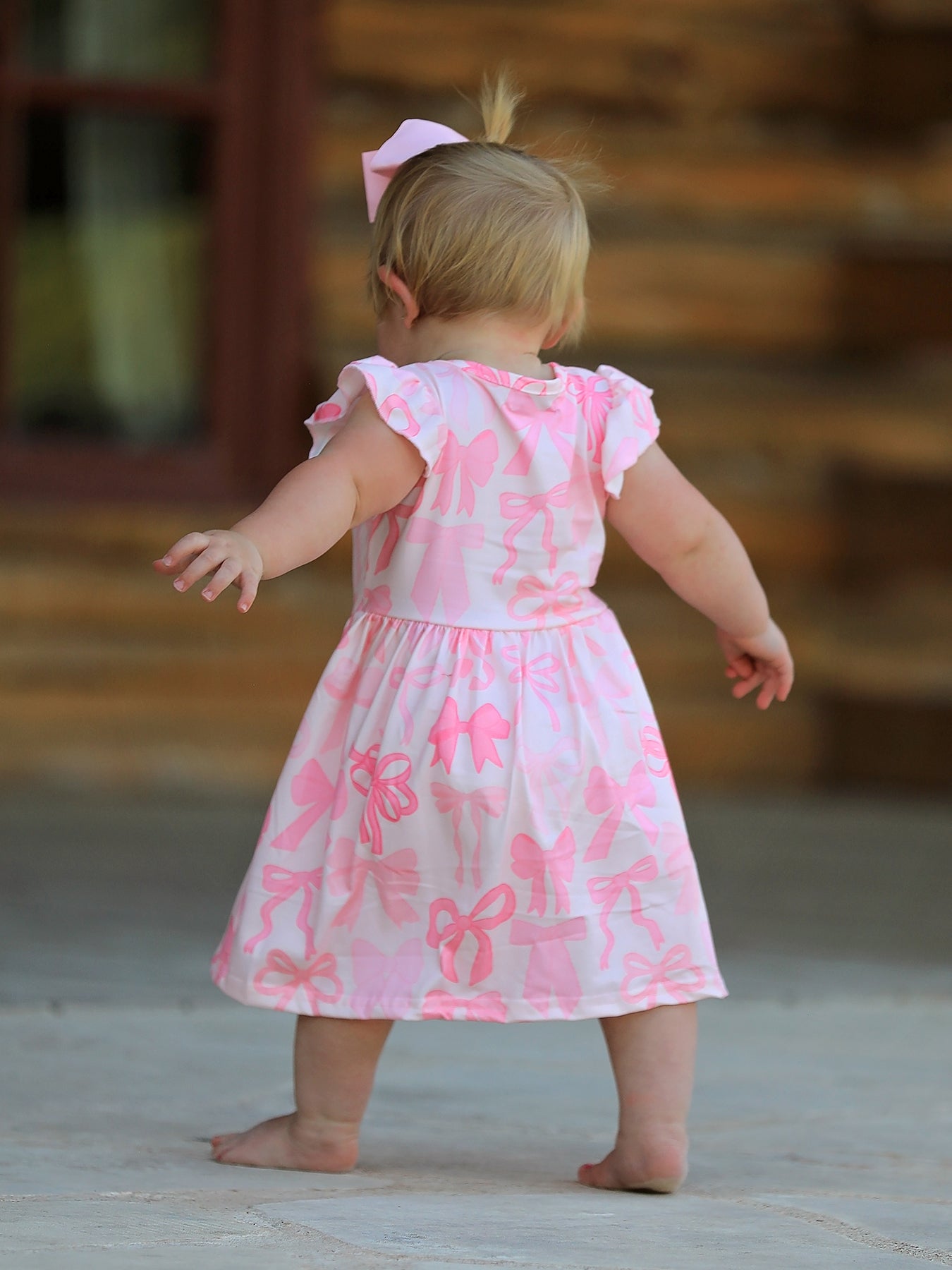 Bow Print Flutter Sleeve Girls Dress