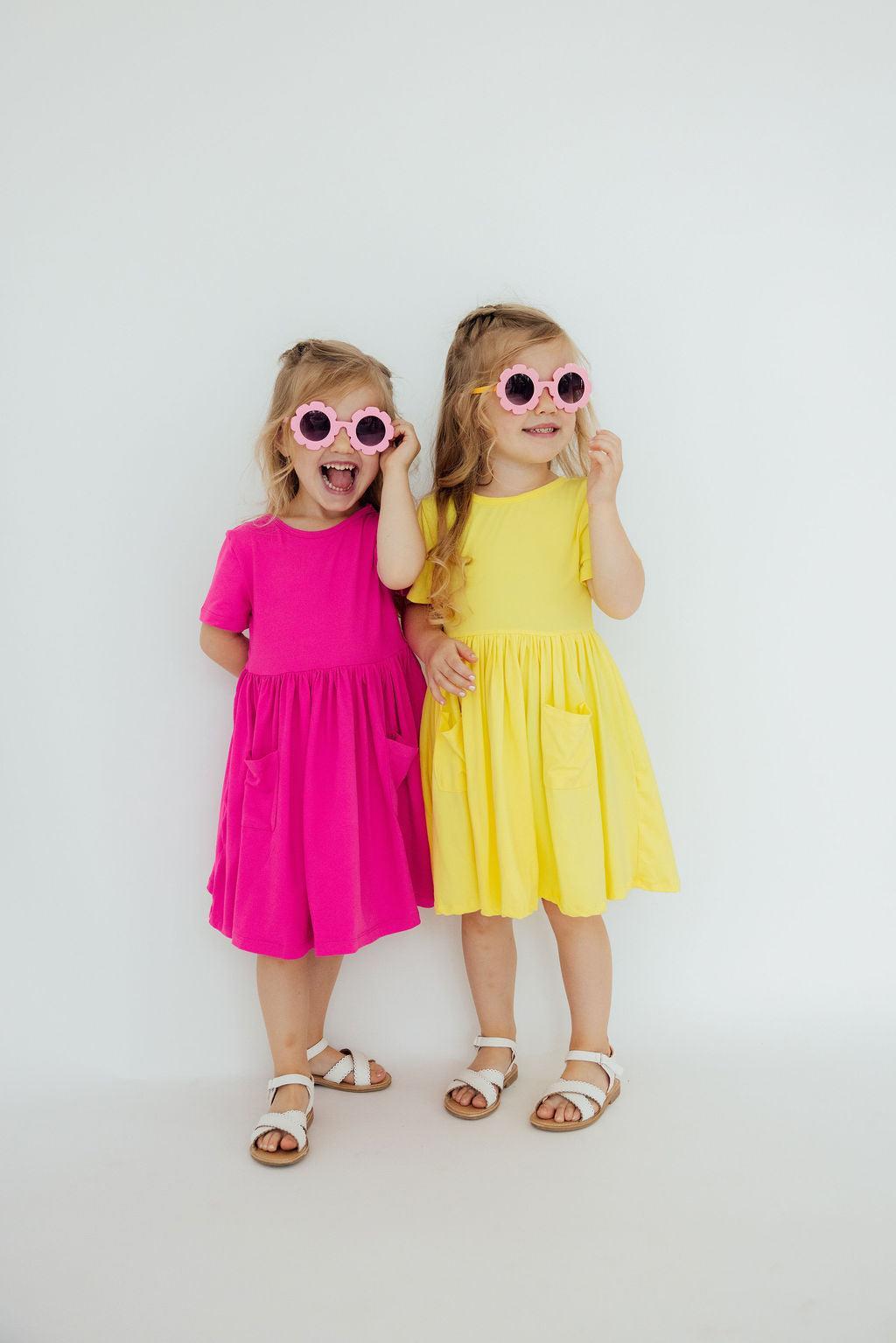 Yellow Short Sleeve Pocket Twirl Dress