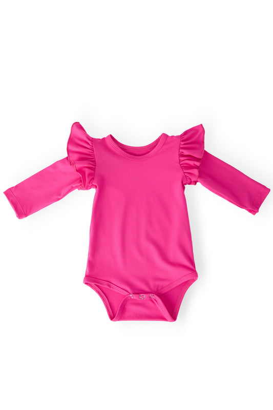 Hot Pink Long Sleeve Flutter Bodysuit
