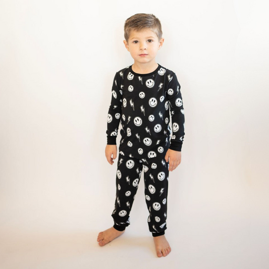 Electric Smiley Two Piece Pajama Set- Black