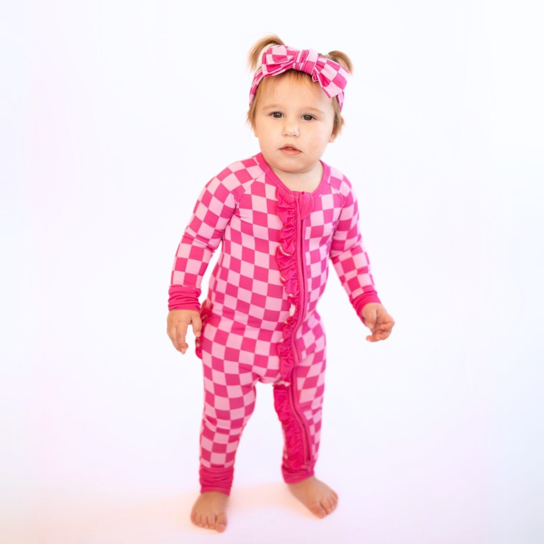 Pink Checkered Convertible Ruffle Zippy