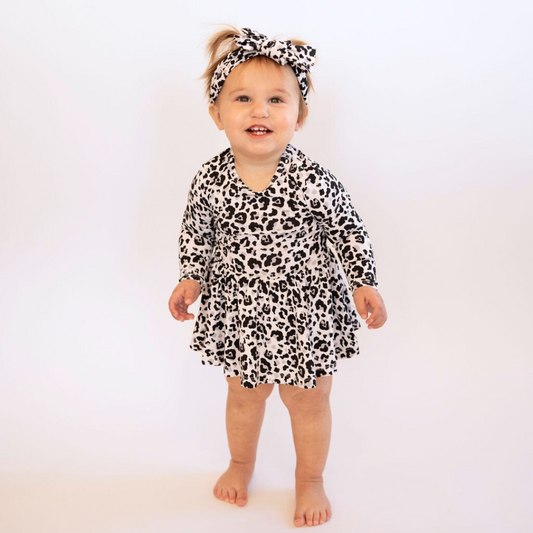 Two-Tone Leopard Print Ruffle Dress- Long Sleeve