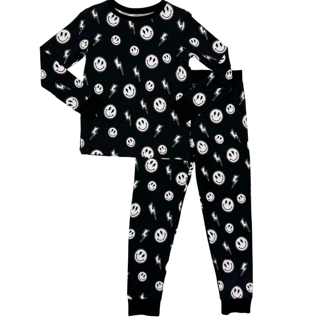 Electric Smiley Two Piece Pajama Set- Black