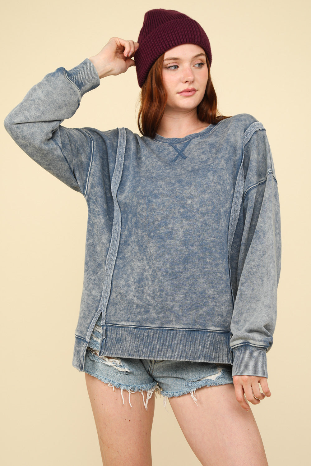 Laina Mineral Washed French Terry Sweatshirt- Denim (Size Small)